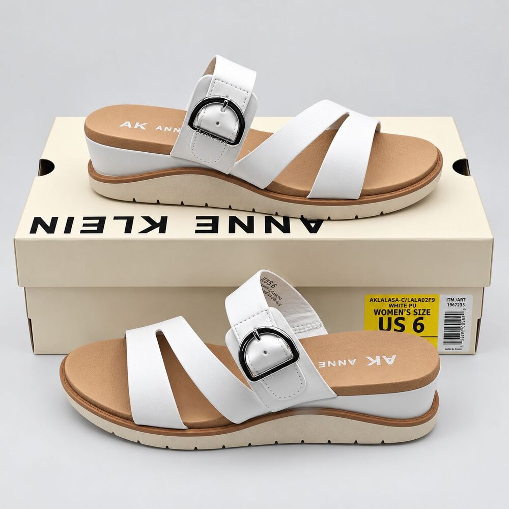 Anne Klein Lalasa Womens White Buckle Slide Sandals iFlex Low Wedge Pick Size